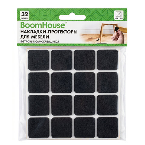 Накладки-протекторы для мебели ФЕТР самоклеящиеся, 25х25мм, черные, КОМПЛЕКТ 32 шт, BOOMHOUSE (БУМХАУС), 701821