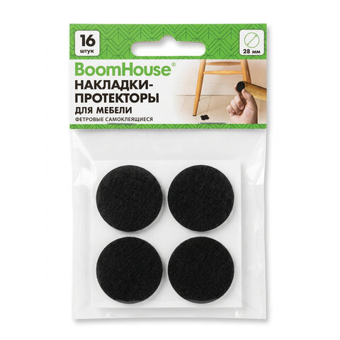 Накладки-протекторы для мебели ФЕТР самоклеящиеся, d=28 мм, черные, КОМПЛЕКТ 16 шт., BOOMHOUSE (БУМХАУС), 701823