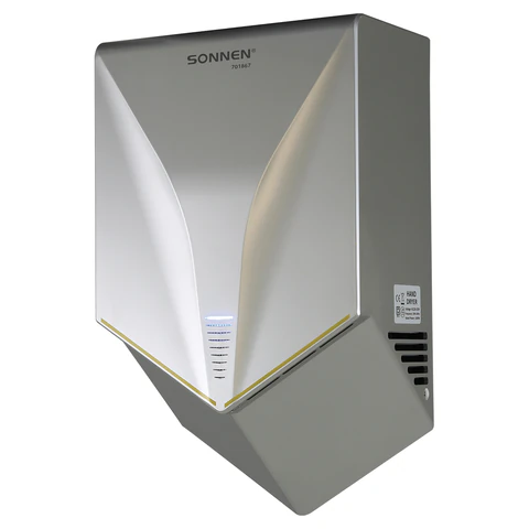 Сушилка для рук ВЫСОКОСКОРОСТНАЯ SONNEN HSD-A1011, 1000 Вт, 90 м/с, IPX4, пластик, серебристая, 701867