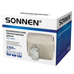 Сушилка для рук SONNEN HSD-A9019, 2300 Вт, антивандальная, 80 м/<wbr/>с, IPX4, нержавеющая сталь, серебристая, 701869
