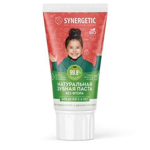 Зубная паста детская 50 г, SYNERGETIC, клубничка и банан, от 3 до 6 лет (красная), 201010