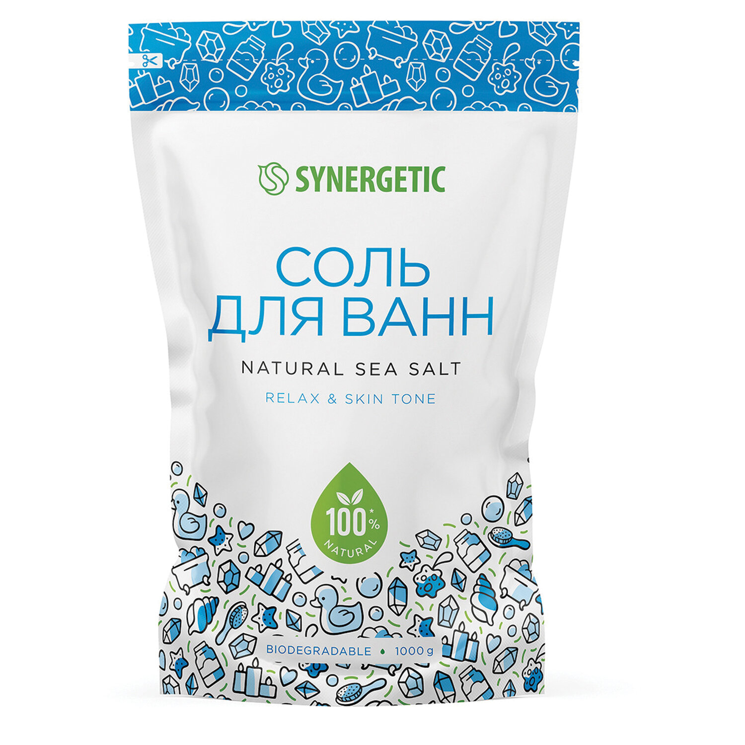Соль для ванн 1 кг, SYNERGETIC "Детокс и расслабление", морская, натуральная