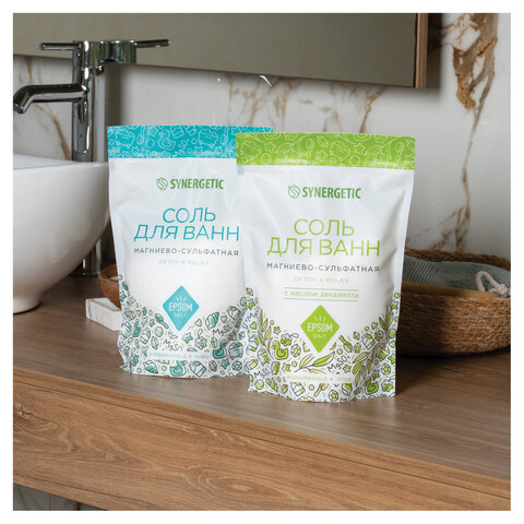 Соль для ванн 1 кг, SYNERGETIC "Детокс и расслабление", магниево-сульфатная с эвкалиптом, 300013
