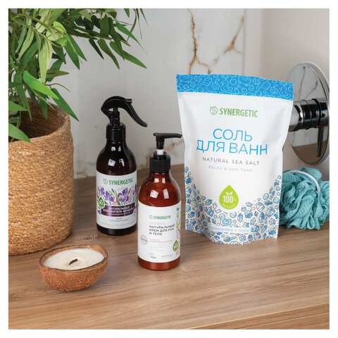 Соль для ванн 1 кг, SYNERGETIC "Детокс и расслабление", магниево-сульфатная с эвкалиптом, 300013