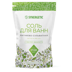 Соль для ванн 1 кг, SYNERGETIC "Детокс и расслабление", магниево-сульфатная с эвкалиптом