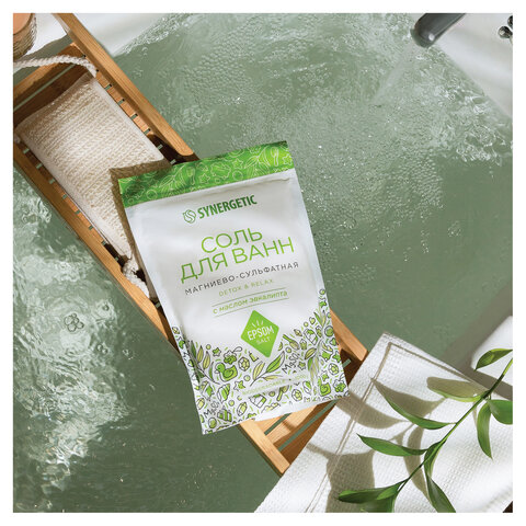 Соль для ванн 1 кг, SYNERGETIC "Детокс и расслабление", магниево-сульфатная с эвкалиптом, 300013