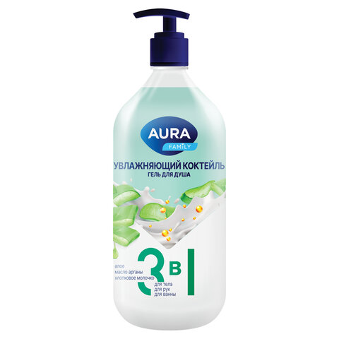 Гель для душа 3в1 для тела, рук и ванны 1л AURA FAMILY "Увлажняющий коктейль", дозатор, ш/к 61721