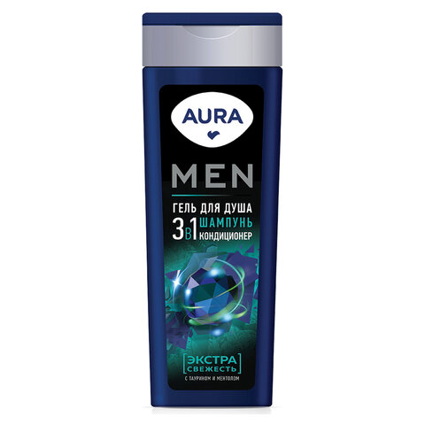 Гель для душа 3в1 шампунь+кондиционер 380 мл AURA MEN "Экстра Свежесть", ш/к 18600