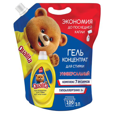 Гель для стирки универсальный 3 л, QUALITA, для всех типов тканей, концентрат, дой-пак, 11435
