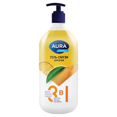 Гель-смузи для душа 3 в 1 для тела, рук и ванны 1 л, AURA FAMILY "Дыня, ананас, персик", дозатор
