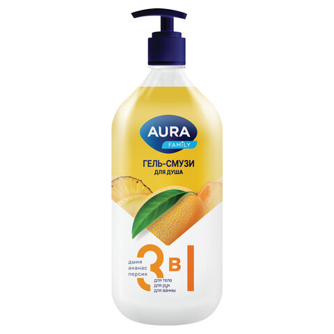 Гель-смузи для душа 3в1 для тела, рук и ванны 1л AURA FAMILY "Дыня, ананас, персик", дозатор, 60755