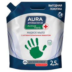 Мыло жидкое антибактериальное для всей семьи 2,5 л, AURA ANTIBACTERIAL "Алоэ вера", дой-пак
