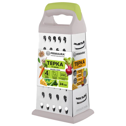 Терка 4-х сторонняя 24см, нержавеющая сталь, пластиковая ручка, прорез.основание, PRIMAURA, 702084