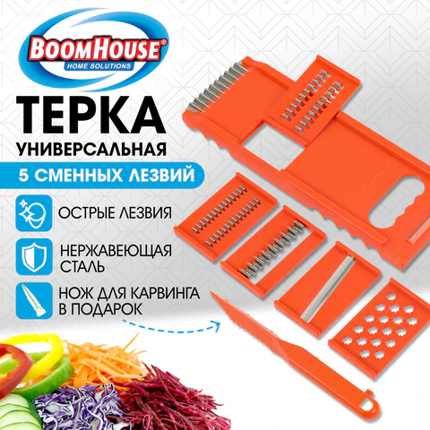 Терка универсальная со сменными лезвиями (7 предметов), нержавеющая сталь, оранжевая, BOOMHOUSE (БУМХАУС), 702101 - фото 4