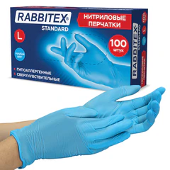 Перчатки нитриловые RABBITEX (РАББИТЕКС) Standard, 50 пар (100 шт.), голубые, размер L (большой), 702153