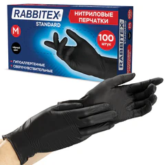 Перчатки нитриловые универсальные RABBITEX (РАББИТЕКС) Standard, 50 пар (100 шт.), черные, размер M (средний), 702156
