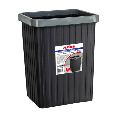 Мусорное ведро КОМПЛЕКТ с ободком-держателем мешков, прямоугольное, 13 литров, черное, LAIMA, 702295