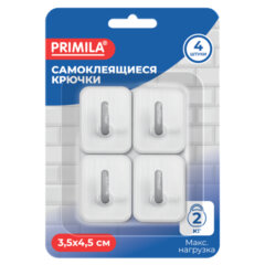 Крючки самоклеящиеся КОМПЛЕКТ 4 шт., 3,5&times;4,5 см, пластиковые, прямоугольные, бело-серые, PRIMILA (ПРИМИЛА), 702365
