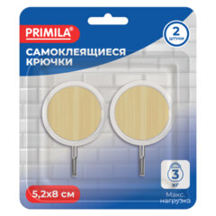Крючки самоклеящиеся КОМПЛЕКТ 2 шт., 5,2&times;8 см, пластик + металл, круглые, под дерево, PRIMILA (ПРИМИЛА), 702367