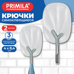 Крючки самоклеящиеся КОМПЛЕКТ 2 шт., 4&times;8,4 см, пластик + металл, овальные, бело-зелёные, PRIMILA (ПРИМИЛА), 702369