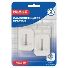 Крючки самоклеящиеся КОМПЛЕКТ 2 шт., 4&times;5,5 см, пластиковые прямоугольные бело-серые, PRIMILA (ПРИМИЛА), 702370