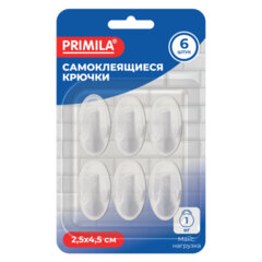 Крючки самоклеящиеся КОМПЛЕКТ 6 шт., 2,5&times;4,5 см, пластиковые, овальные, прозрачные, PRIMILA (ПРИМИЛА), 702374