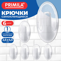 Крючки самоклеящиеся КОМПЛЕКТ 6 шт., 2,5&times;4,5 см, пластиковые, овальные, прозрачные, PRIMILA (ПРИМИЛА), 702374