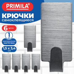 Крючки самоклеящиеся КОМПЛЕКТ 6 шт., 1,5&times;3,4 см, из нержавеющей стали прямоугольные, PRIMILA (ПРИМИЛА), 702379