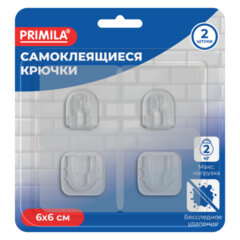 Крючки-кронштейны самоклеящиеся КОМПЛЕКТ 2 шт., 6&times;6 см, пластиковые, прозрачные, PRIMILA (ПРИМИЛА), 702381