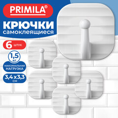 Крючки самоклеящиеся КОМПЛЕКТ 6 шт., 3,4&times;3,3 см, пластиковые, квадратные, белые, PRIMILA (ПРИМИЛА), 702382