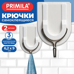 Крючки самоклеящиеся 6,2&times;9 см, КОМПЛЕКТ 2 шт., пластик + металл, полуовал, белые, PRIMILA (ПРИМИЛА), 702384