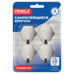 Крючки самоклеящиеся КОМПЛЕКТ 4 шт., 3,4&times;3,9 см, из нержавеющей стали, шестиугольные, PRIMILA (ПРИМИЛА), 702385