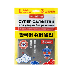 Салфетка КОРЕЙСКАЯ УМНАЯ для дома и авто БЕЗ РАЗВОДОВ, 30&times;40 см, 3 шт., УНИВЕРСАЛЬНАЯ, LAIMA, 702524