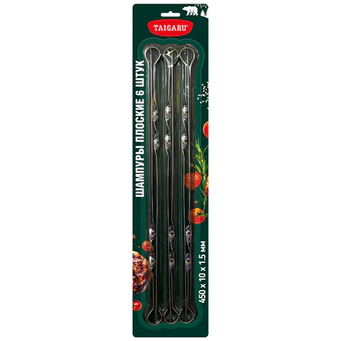 Шампуры плоские 450х10х1,5 мм, НАБОР 6 шт., хромированная сталь, TAIGARU (ТАЙГАРУ), 702558