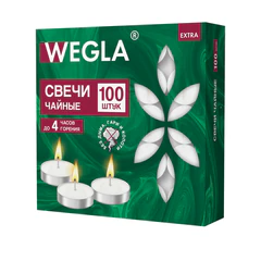 Свечи чайные литые в гильзе WEGLA (ВЕГЛА) EXTRA, до 4 часов горения, вес 10 грамм, КОМПЛЕКТ 100 штук, 702572