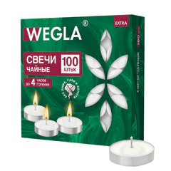 Свечи чайные литые в гильзе WEGLA (ВЕГЛА) EXTRA, до 4 часов горения, вес 10 грамм, КОМПЛЕКТ 100 штук, 702572
