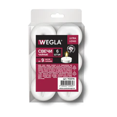 Свечи чайные литые в гильзе WEGLA (ВЕГЛА) ULTRA LONG, до 9 часов горения, вес 21 грамм, КОМПЛЕКТ 6 штук, 702576