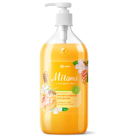 Мыло-крем жидкое гипоаллергенное 1 л, GRASS MILANA "Молоко и мед", дозатор, 126101
