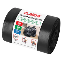 Мешки для мусора 30 л, черные, в рулоне 50 штук, сверхпрочные, ПВД 30 мкм, 50x58 см, LAIMA, 702650