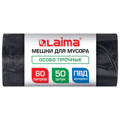 Мешки для мусора 60 л, черные, в рулоне 50 штук, особо прочные, ПВД 30 мкм, 60&times;90 см, LAIMA, 702656