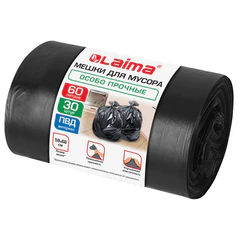 Мешки для мусора 60 л, черные, в рулоне 30 штук, особо прочные, ПВД 30 мкм, 58x68 см, LAIMA, 702658