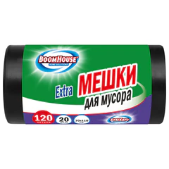 Мешки для мусора 120 л, черные в рулоне 20 штук прочные, ПВД 35 мкм, 70&times;110 см, серия Extra, BOOMHOUSE (БУМХАУС), 702662