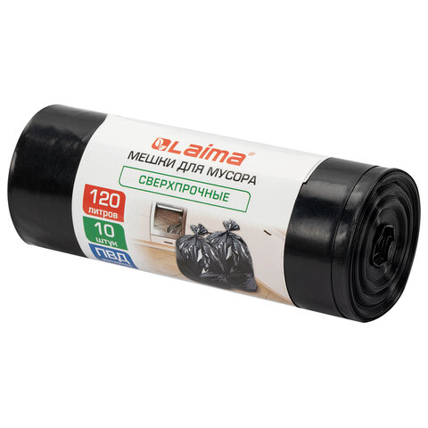Мешки для мусора 120 л, черные в рулоне 10 штук сверхпрочные, ПВД 80 мкм, 70x110 см, LAIMA, 702664