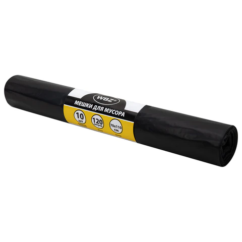 Мешки для мусора 120 л, черные в рулоне 10 штук, ПВД 43 мкм, 70x110 см, WBZ (ВБЗ), 702665