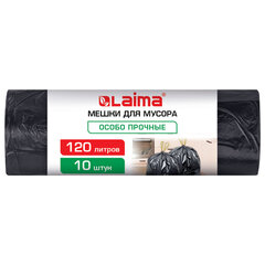 Мешки для мусора с завязками 120 л, черные, в рулоне 10 штук, особо прочные, ПВД 65 мкм, 70&times;95 см, LAIMA, 702669