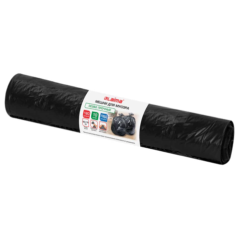Мешки для мусора 160 л, черные, в рулоне 10 штук, особо прочные, ПВД 70 мкм, 90x110 см, LAIMA, 702675