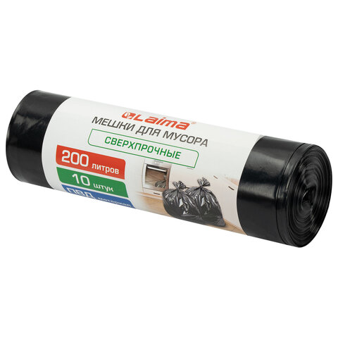 Мешки для мусора 200 л, черные в рулоне 10 штук сверхпрочные, ПВД 80 мкм, 90x130 см, LAIMA, 702677