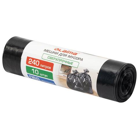 Мешки для мусора 240 л, черные в рулоне 10 штук сверхпрочные, ПВД 70 мкм, 90x130 см, LAIMA, 702678