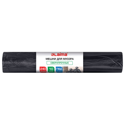 Мешки для мусора 240 л, черные в рулоне 10 штук сверхпрочные, ПВД 100 мкм, 90x135 см, LAIMA, 702684