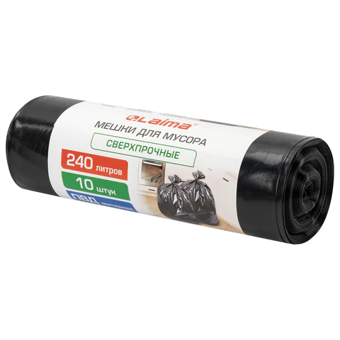 Мешки для мусора 240 л, черные в рулоне 10 штук сверхпрочные, ПВД 100 мкм, 90x135 см, LAIMA, 702684
